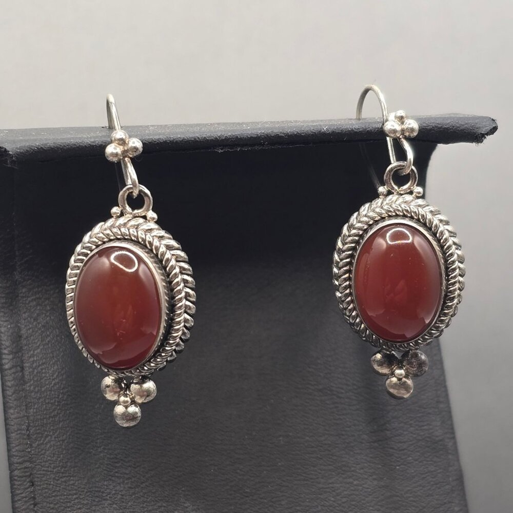 Sterling Silver Carnelian Dangle Earrings 1.5" Rope Accent Signed BA Drop Style - Picture 7 of 7
